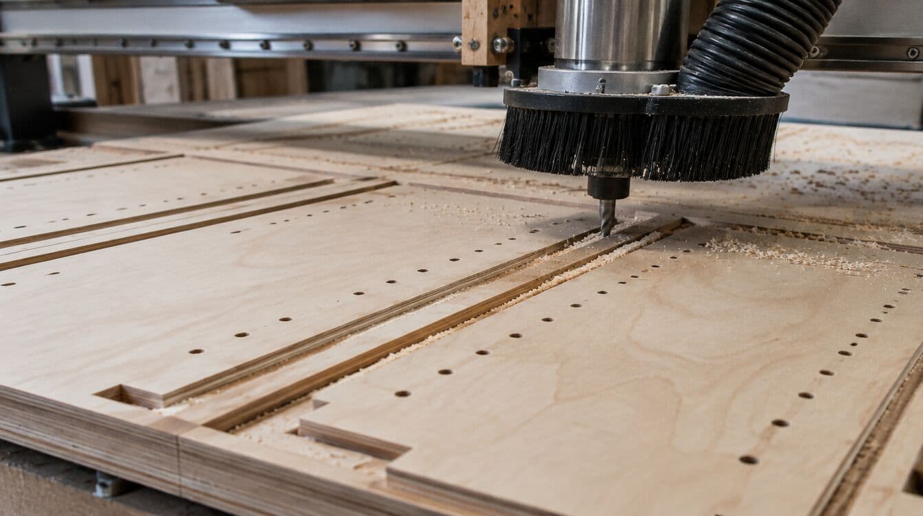 Illustration of a CNC router cutting cabinet panels from plywood