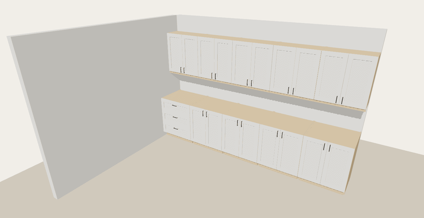 An L-shaped kitchen designed in the RoomToCut studio, shown in 3D